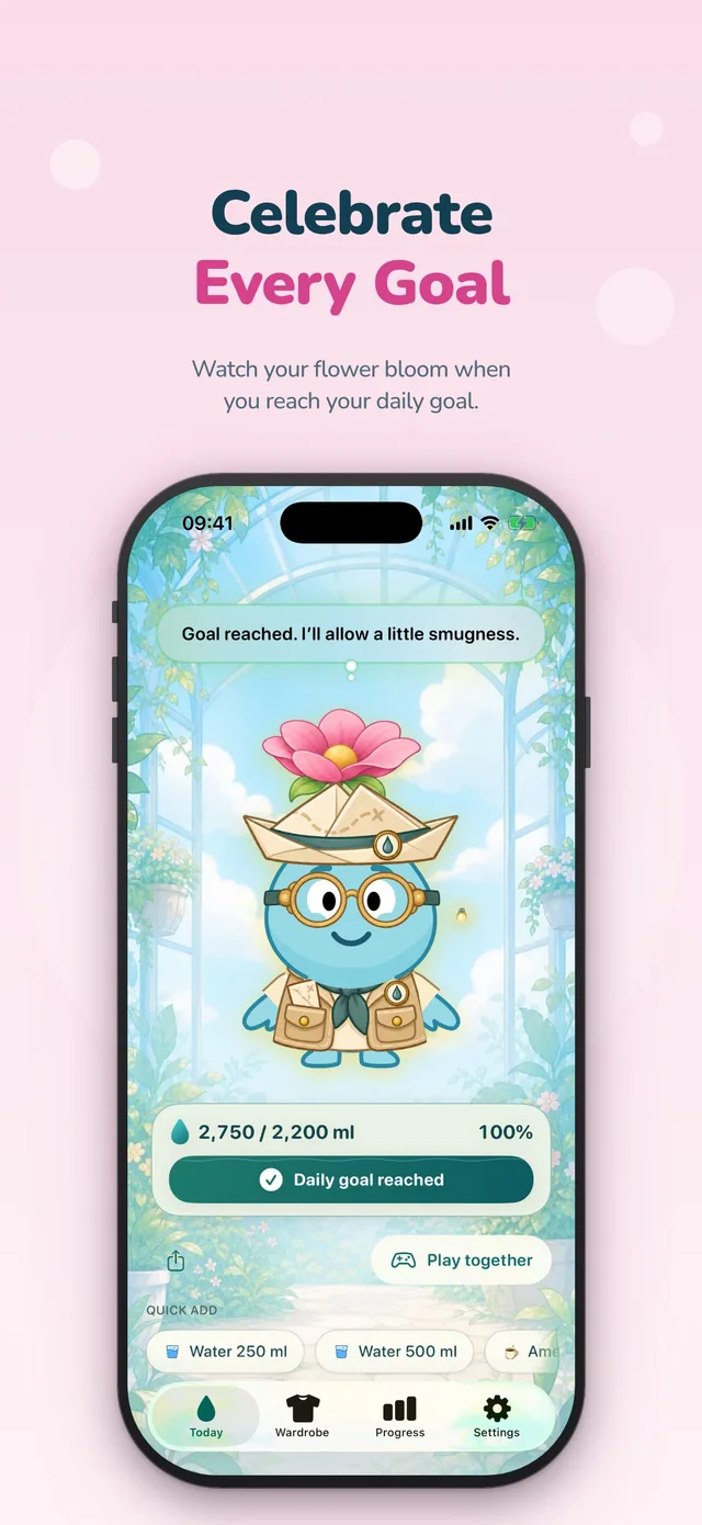Celebrate Every Goal: the companion's flower in full bloom when the daily goal is reached