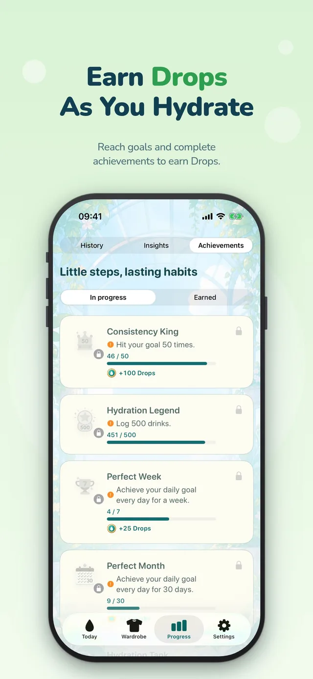 Earn Drops As You Hydrate: achievements that reward Drops for goals and habits