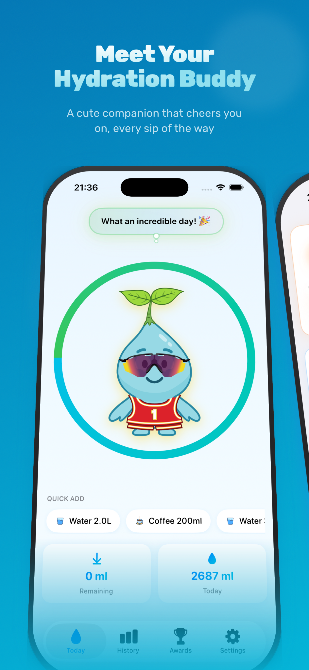 Meet Your Hydration Buddy — Home screen with mascot, progress ring, and quick-add buttons