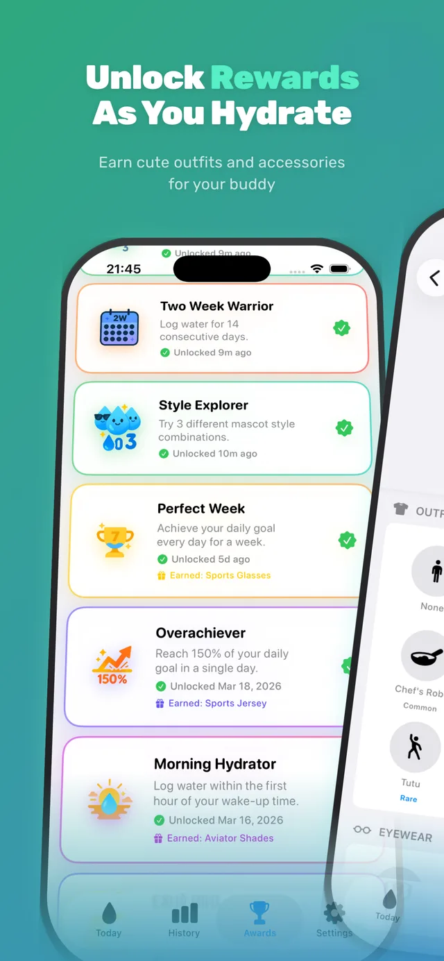 Unlock Rewards As You Hydrate — Achievement system with cosmetic rewards