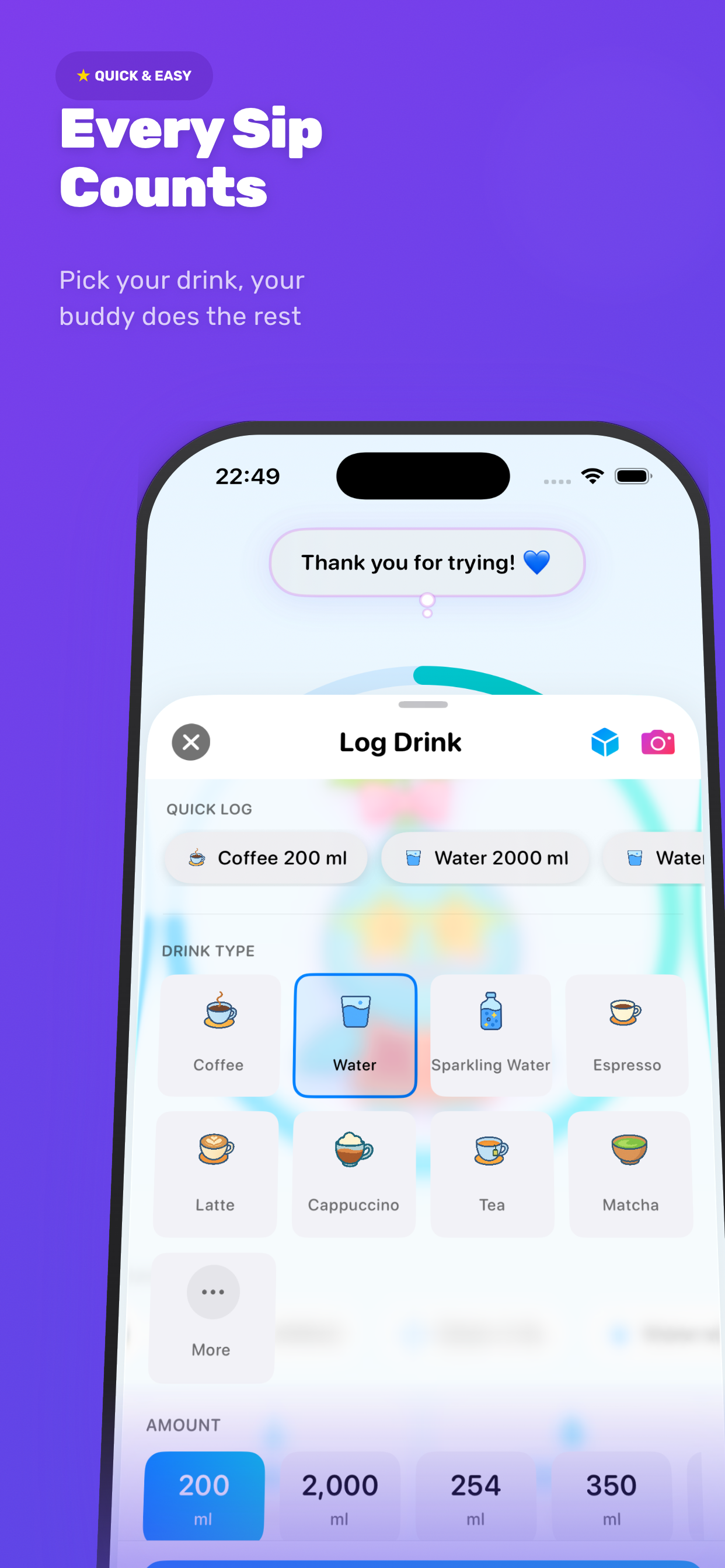 Every Sip Counts — Drink logging with drink type selection