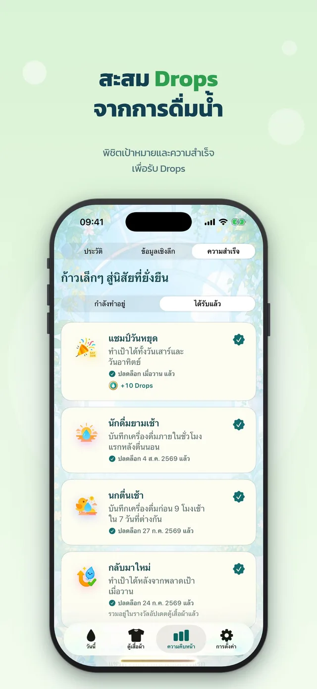 สะสม Drops จากการดื่มน้ำ: ความสำเร็จที่ให้ Drops เมื่อทำเป้าหมายและสร้างนิสัย